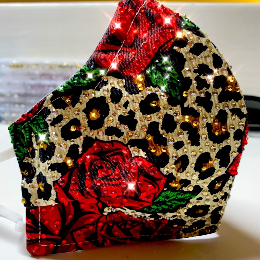 Custom blinged out leopard rose face mask